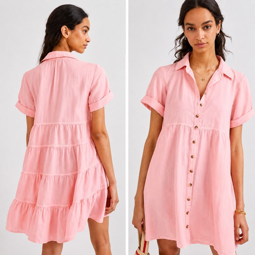 Pilcro Anthropologie Tiered Shirt Dress Womens XS Pink Suzanne  Boho Button Down
